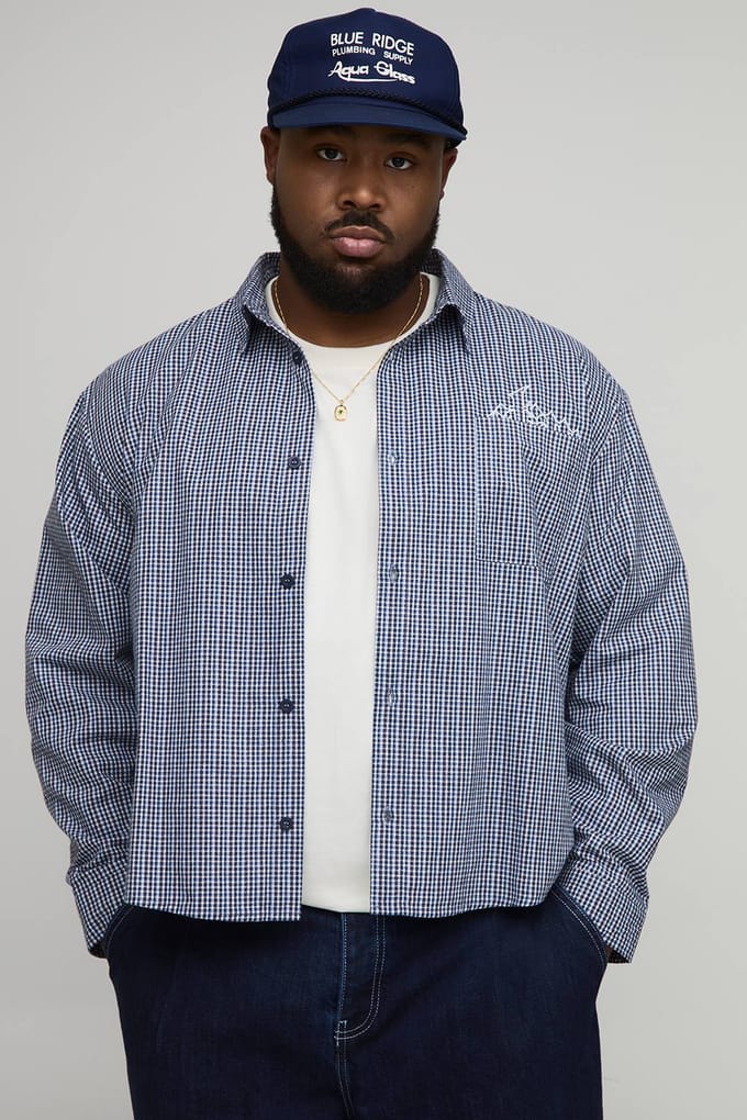 Plus Oversized Boxy Geborduurd Micro-ruiten Overhemd | Navy | Size 2XL