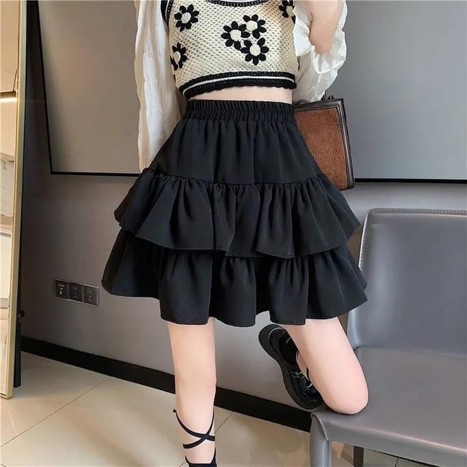 Zwart Wit Mini Rokken Dames Lente Zomer All-match Dubbele Laag Cake Rok Elastische Hoge Taille Losse Ruffles Tutu Rok 2XL