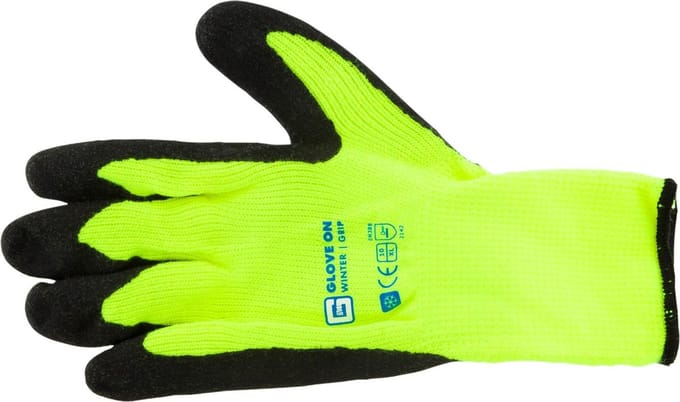 Glove On Touch Handschoen Winter Grip - Werkhandschoenen Maat XL - Naadloos Gebreide Acryl Liner - Foamlatex Coating voor Extra Grip - Fluor Gele Liner - Kleur Groen/Zwart