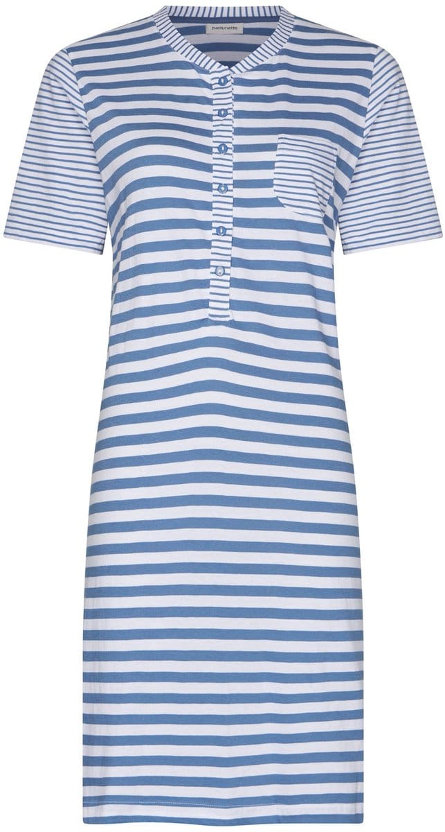 Pastunette - Nachthemd - Stone Blue - Katoen - Blauw/Wit - Knoopsluiting - Maat 48