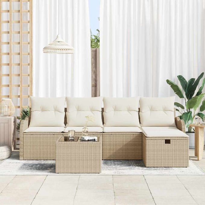vidaXL - Tuinbank - Set - 6 - st - 4-zits - Beige - en - Crème - poly - rattan