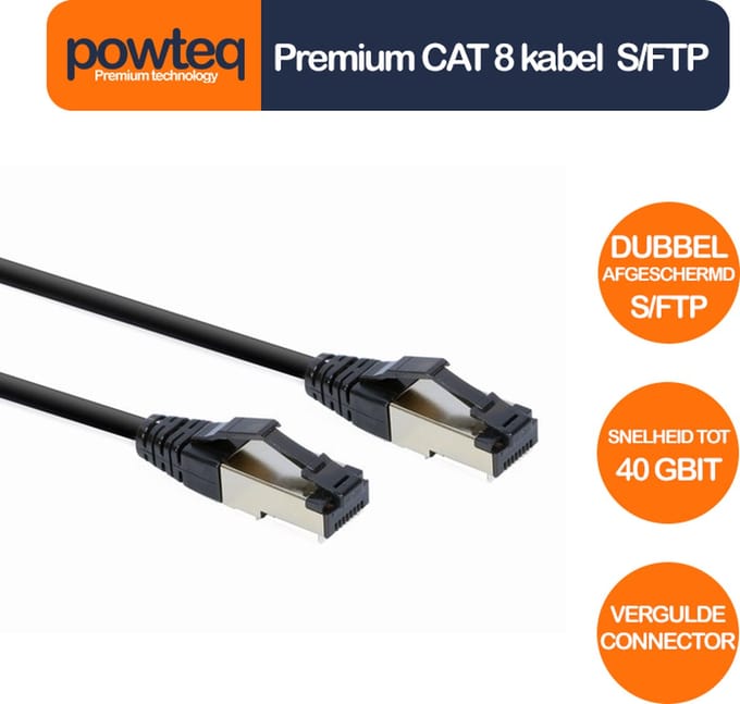 Powteq CAT 8 premium netwerkkabel / internetkabel | 2 meter | 100% koper | Dubbele afscherming | RJ45-RJ45