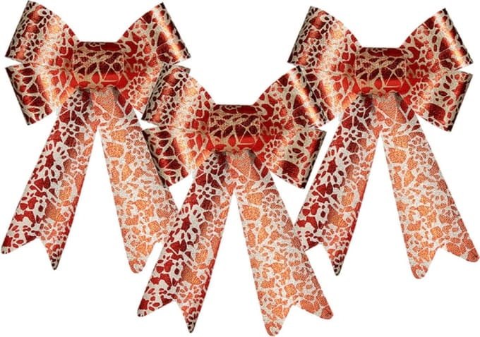 Krist+ kerstboomversiering strikken - 3x stuks - rood/creme print - 15 x 25 cm - kerststrikken