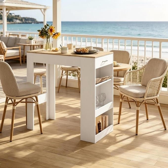 Multifunctionele tafel - Bartafel statafel - Ruimte organiseren - Met lade wijnrek - 100 x 100 cm - Wit eiken