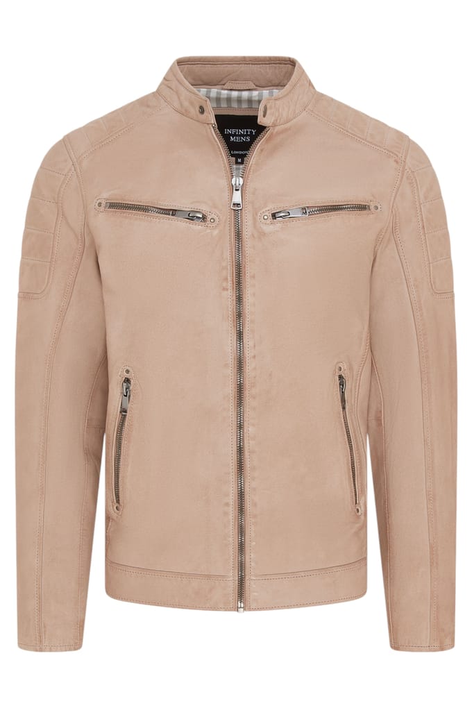 Beige Modern Klassiek Leren Gewatteerd Bikerjack voor Heren - Derry
