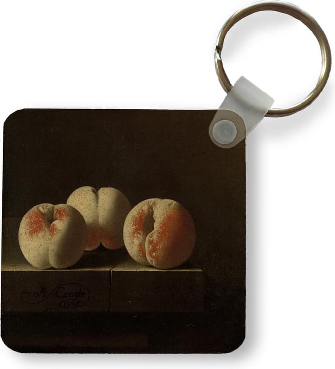 Sleutelhanger - Uitdeelcadeautjes - Drie perziken op een stenen plint - schilderij van Adriaen Coorte in vierkante uitsnede. - Plastic
