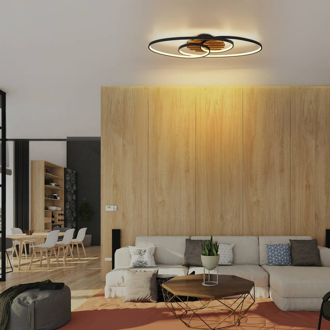 Globo LED plafondlamp Tisha I, matzwart/hout, lengte 85 cm