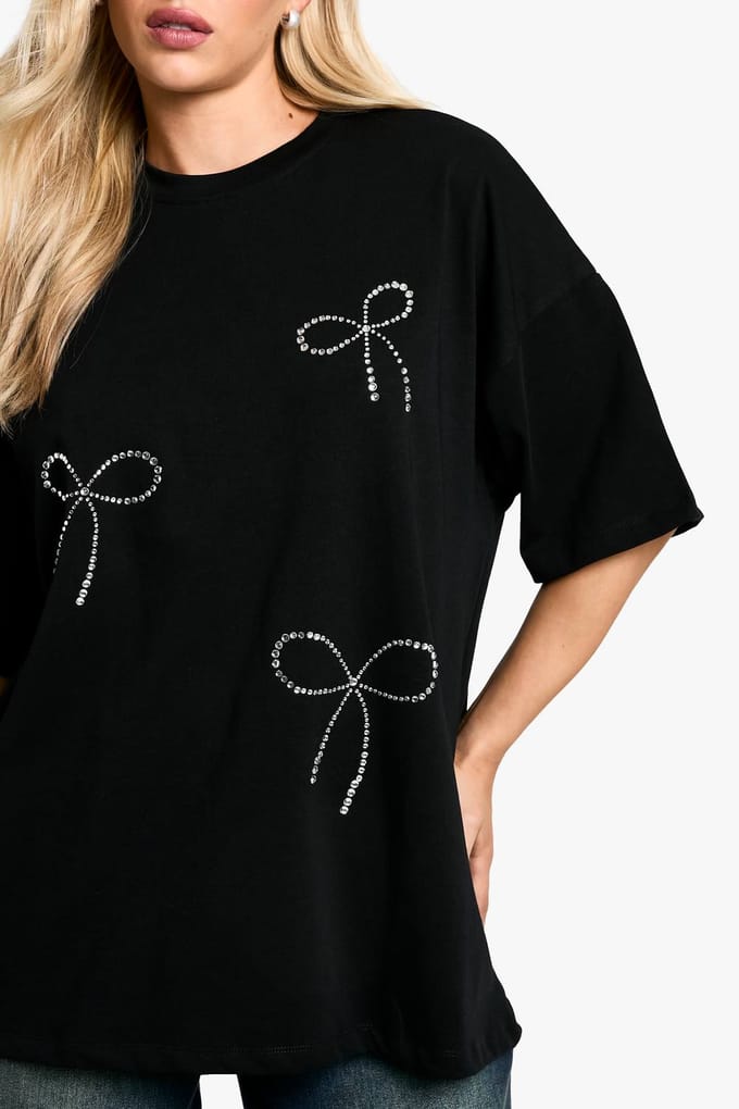 boohoo Dames Hotfix Bow Oversized T-shirt | Black | Maat: 6