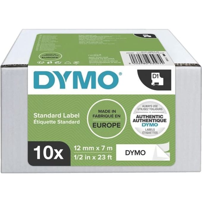 DYMO originele D1 labels | Zwarte Tekst op Wit Label | 12 mm x 7 m | zelfklevende etiketten voor de LabelManager labelprinters | 10 stuks | gemaakt in Europa