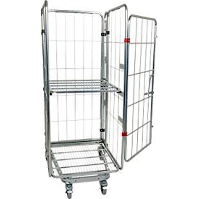 Nestbare rolcontainer, 4-zijdig, gegalvaniseerd, draagvermogen 500 kg, met 1 inklapbaar tussenlegbord