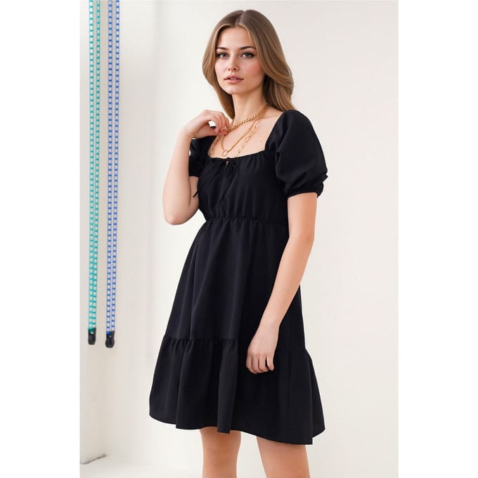 Vierkante Hals A-Form Mini Jurk met Strik