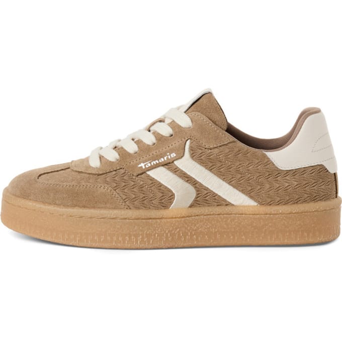 Tamaris dames sneakers van taupekleurig leer met witte strepen
