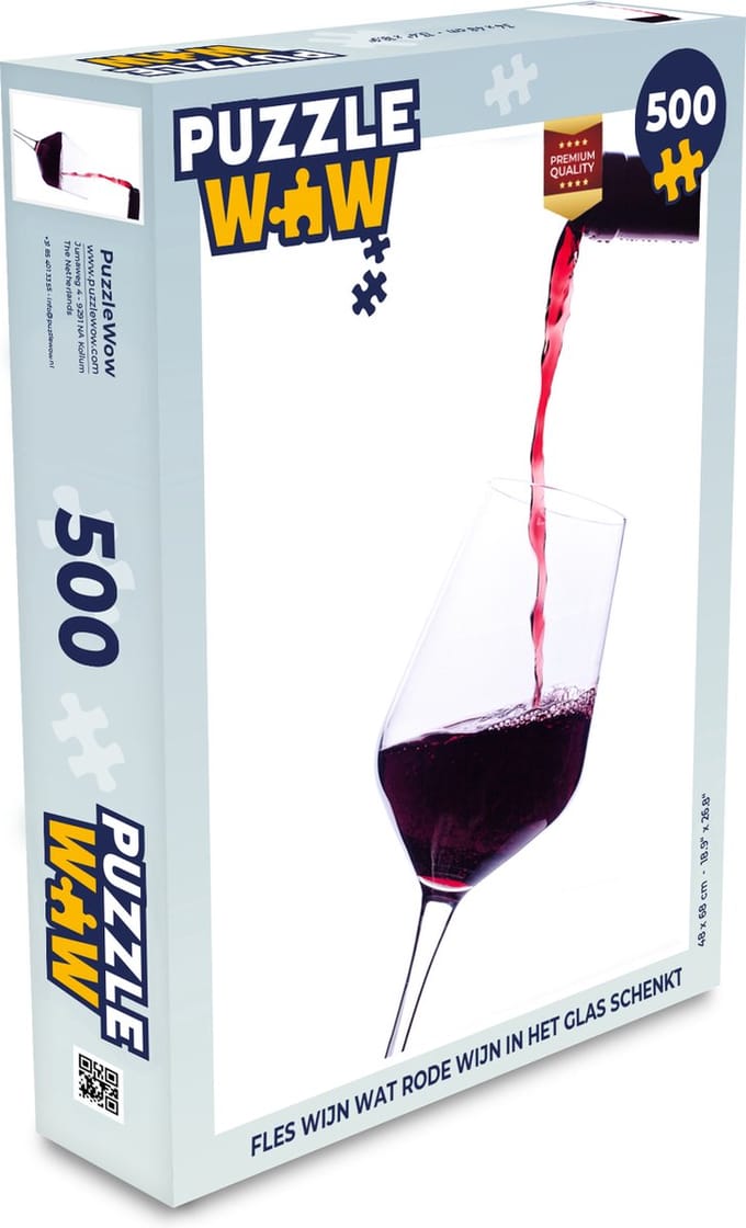 Puzzel Fles wijn wat rode wijn in het glas schenkt - Legpuzzel - Puzzel 500 stukjes