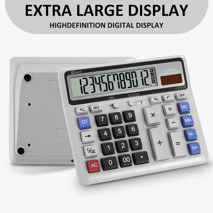 Bureaurekenmachine 12-cijferig met grote knoppen, desktop dual power rekenmachine met groot display voor grijs