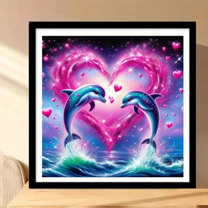 Diamond painting set Dolfijn met roze Hart & Oceaan thema 30x30 cm