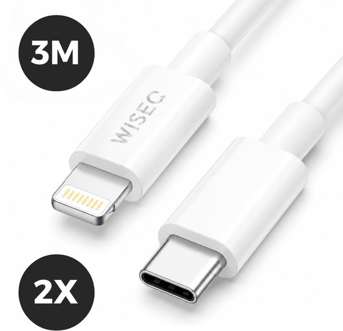 Lightning naar USB C 3m dubbele laadkabel set - fast charge USB C Lightning oplaadkabel 2 pack - geschikt voor iPhone, iPad en AirPods - wit - WiseQ