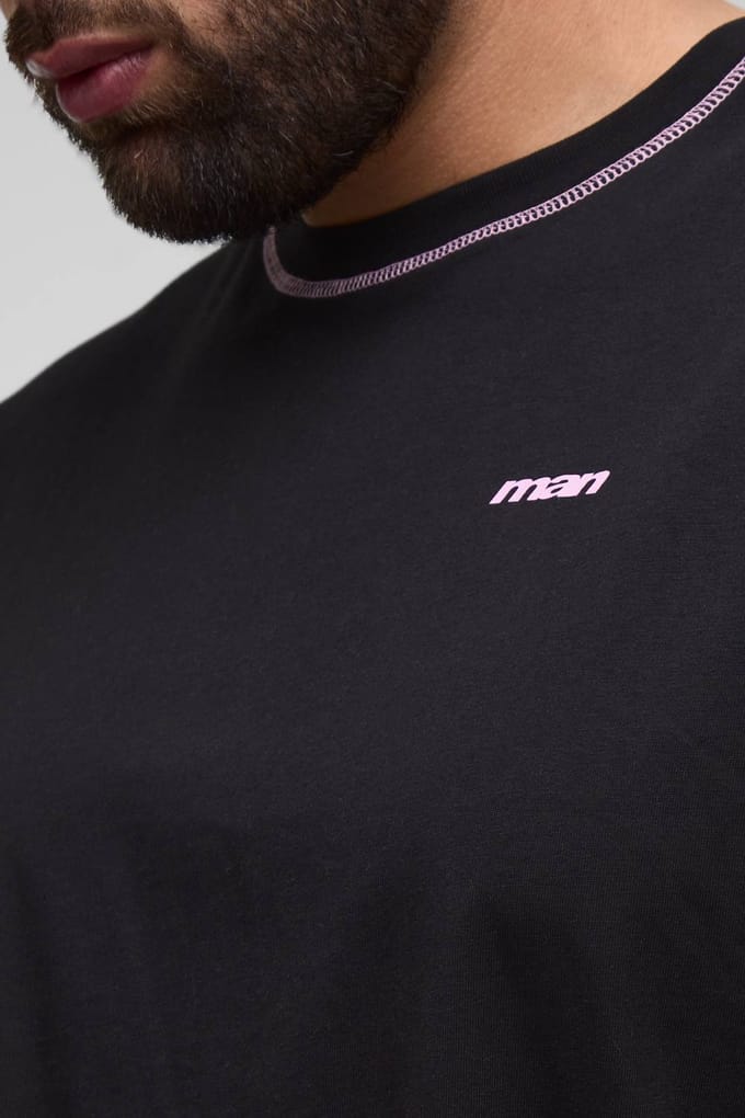 Plus Official Men's Contrast Stitch Oversized Boxy T-Shirt en Relaxed Jersey Short Set | Black | Size 2XL