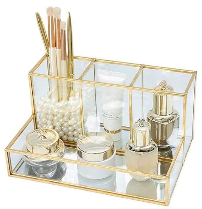 Gouden Make-up Organizer met Borstelhouder en Compartimenten