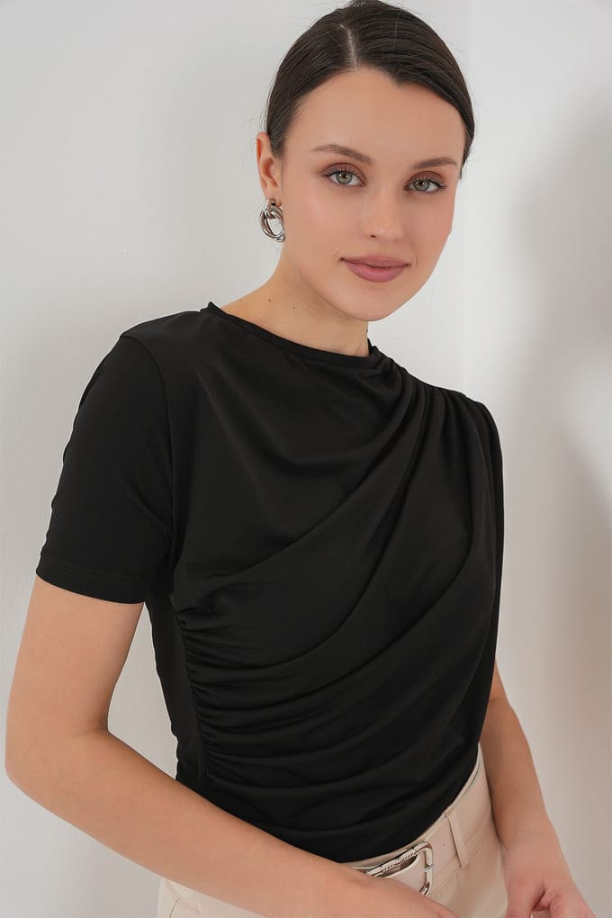 Fitted Blouse met Rimpeldetail en Ronde Hals