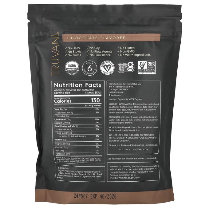 Truvani, plantaardige proteïne, chocolade, 1,48 lbs (670 gr)