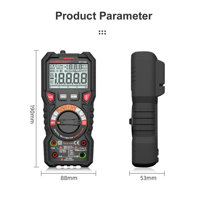 HABOTEST HT118E Digitale multimeter Auto Range Multimeter 20.000 tellingen True RMS Meten van AC/DC zwart