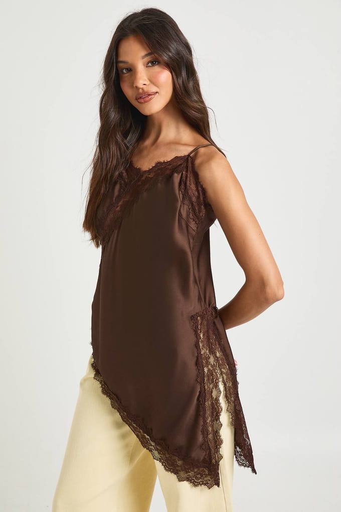 boohoo Dames Satijn Kant Verlengde Cami | Chocolate | Maat: 6