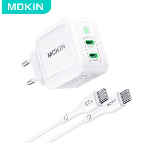 MOKiN PD67W GaN dubbele USB-C-lader (EU), wit, met 1,2 m USB-C-kabel
