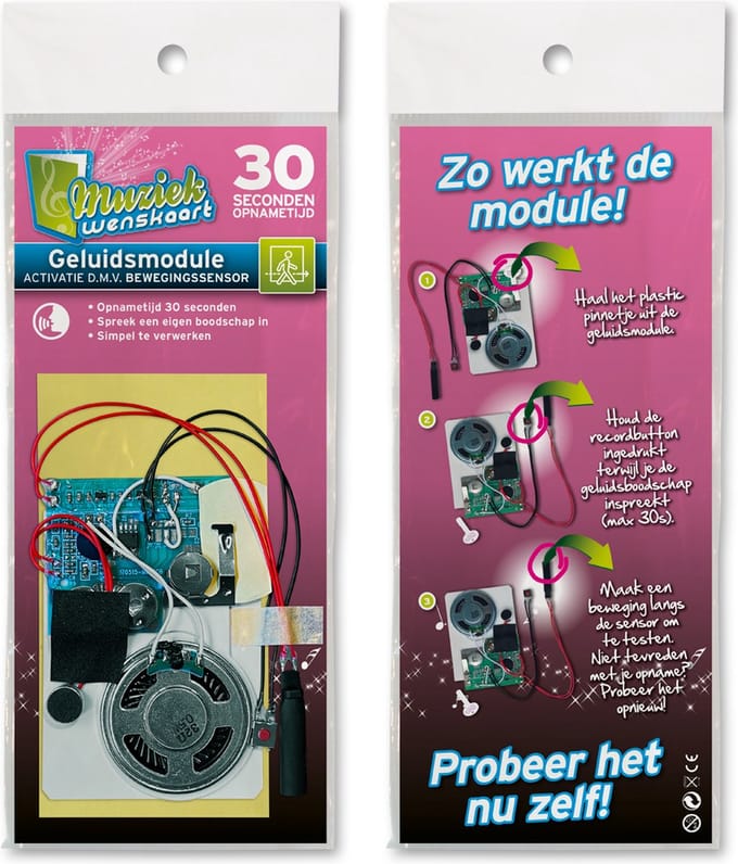 Geluidsmodule 30 sec. - geactiveerd door bewegingssensor - zelf opneembaar - spreek je eigen boodschap in - simpel te verwerken