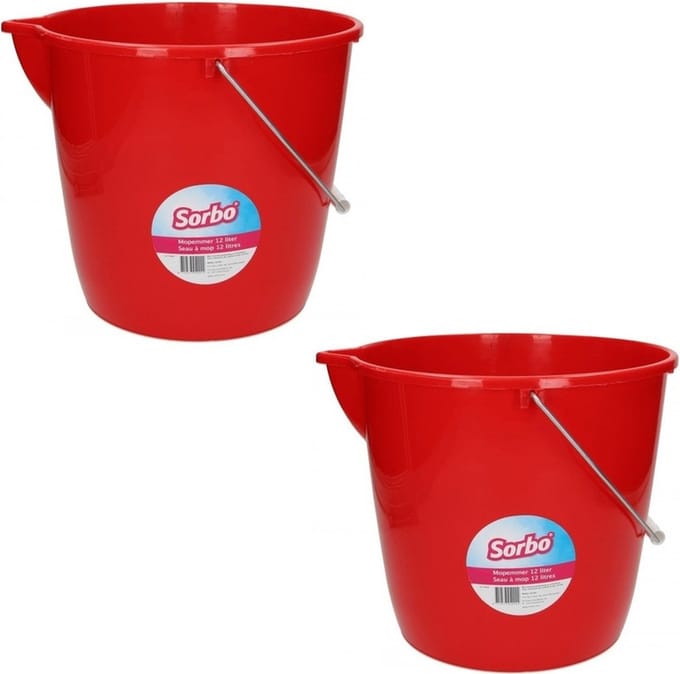 Sorbo mop/schoonmaak Emmer - 2x - rood - 12 liter - met maataanduiding en schenktuit