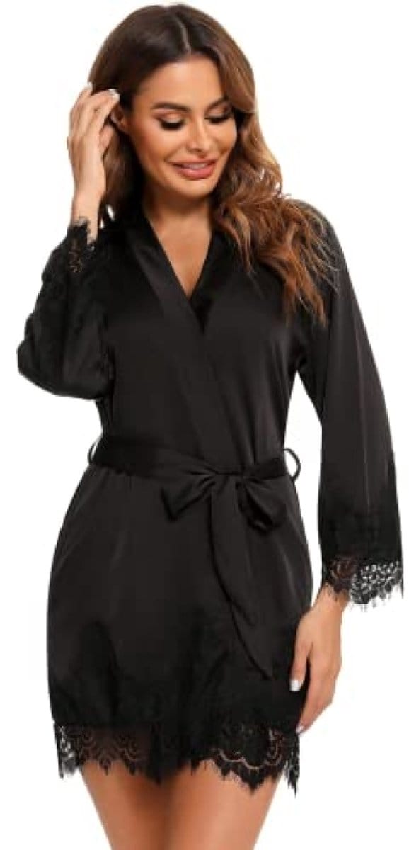 Dames satijnen kimono badjas met kanten accent - Zwart - XL