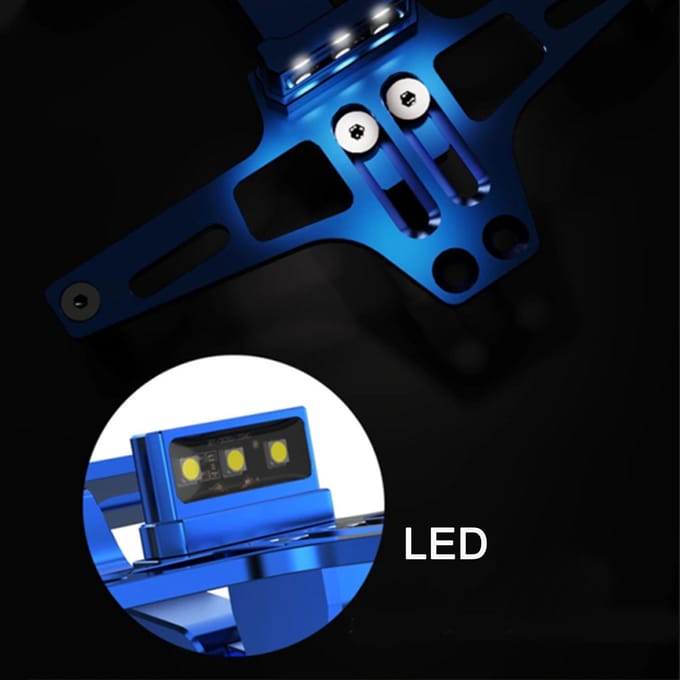 Support de plaque d'immatriculation de moto avec lumières LED, support de plaque d'immatriculation en alliage d'aluminium universel doré noir