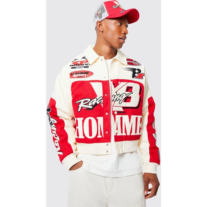 Boxy Twill Homme Moto Bomber Jacket | Ecru | Size Medium