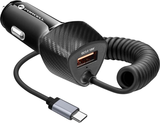 Forcell, Autolader USB 38W QC 3.0 met Geïntegreerde USB-C PD Kabel, Carbon