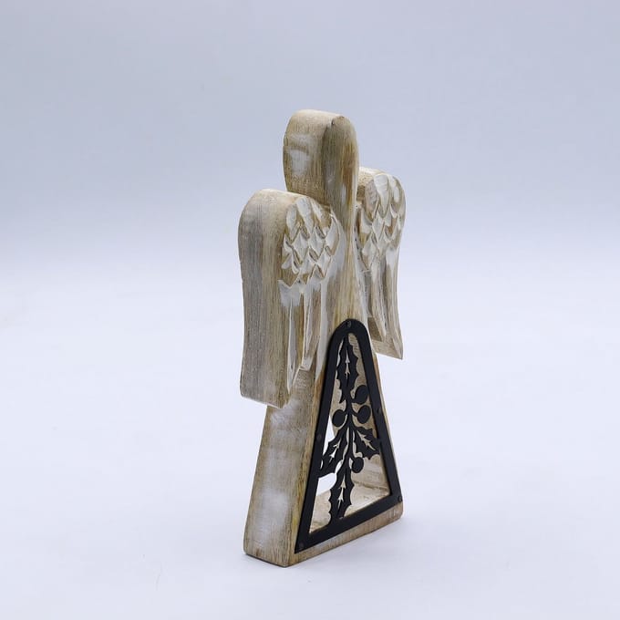 Mango Wood Angel - Whitewash with Iron Decor Cut Out
