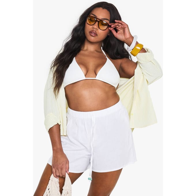 boohoo Dames Plus Linnen Badshorts met Kralen | Wit | Maat: 24/26