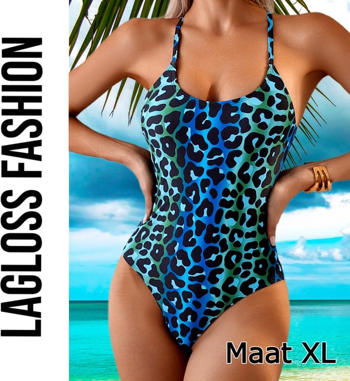 LaGloss® Badpak Panterprint met Blauwe Overloop & Kruisbandjes – Eendelig – Maat XL