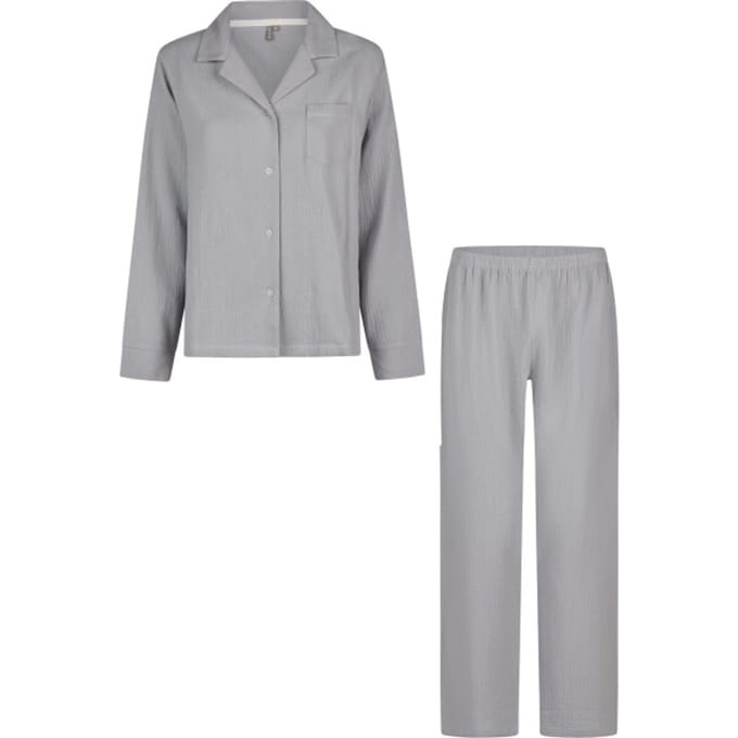 By Louise Dames Pyjama Set Lang Mousseline Met Knoopjes Grijs/Blauw - Maat L
