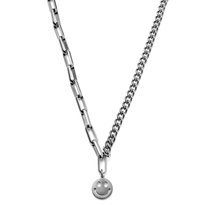 Caleb Amager Zilverkleurige Curb- & Kabelketting met Smiley-hanger