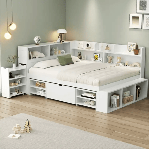 KOMHTOM Kinderbed 140*200 cm, met laden, planken en opbergruimte, lattenbodem, wit