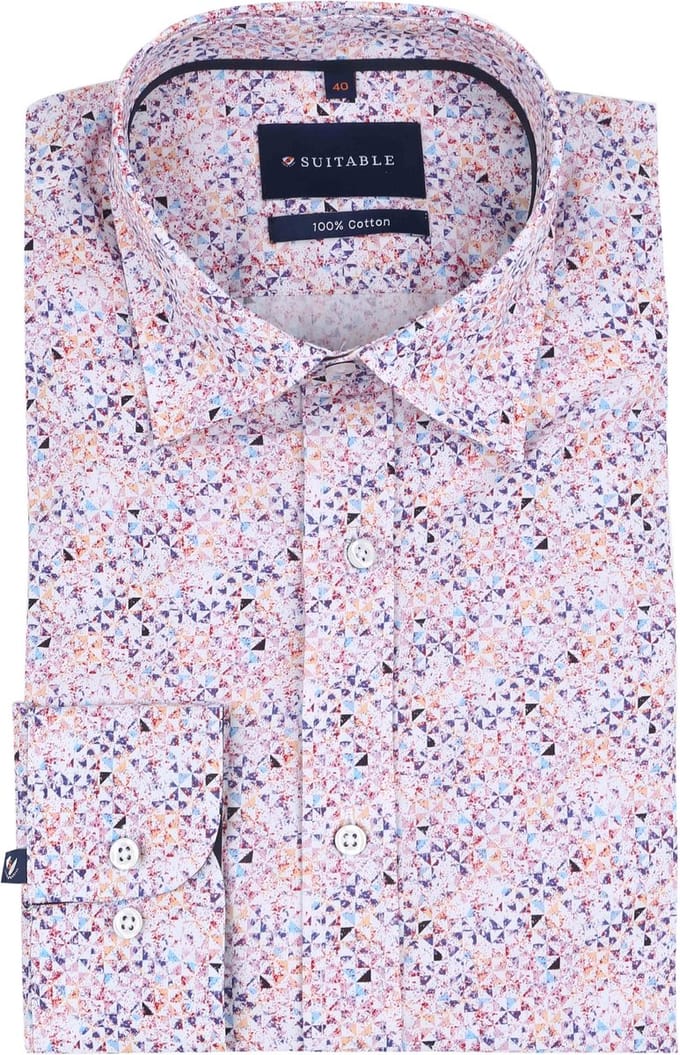 Suitable Overhemd Mosaic Print Roze - Maat 43 - Heren - Overhemden Formeel