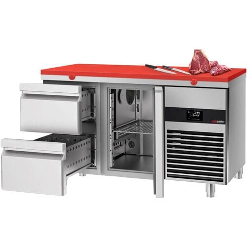 GGM Gastro Kühltisch PREMIUM - 1400x700mm - mit 1 Tür - 2 Schubladen - inkl. Schneideplatte Rot