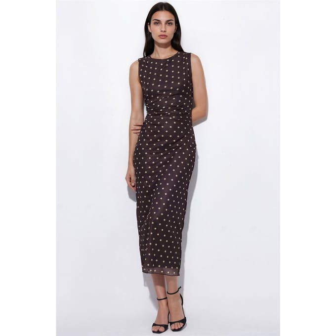 Gestipte Midi Tulle Jurk met Ronde Hals