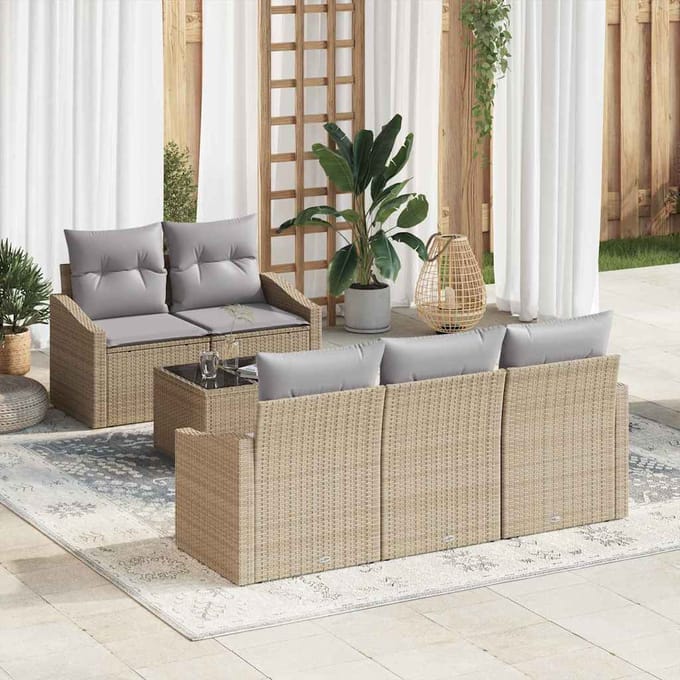 vidaXL - Bankstel - 6 - st - Beige - en - Lichtgrijs - poly - rattan