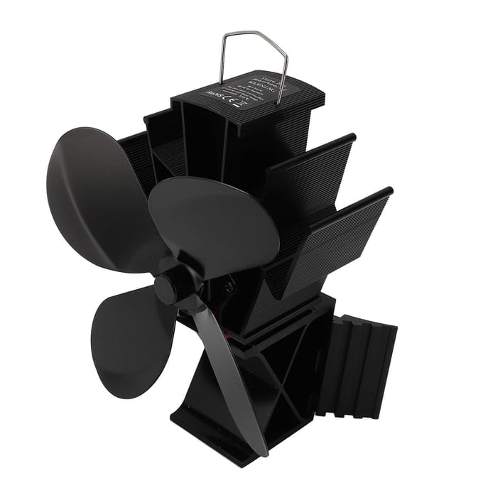 Ventilateur de cheminée à 4 feuilles avec indicateur de température magnétique, ventilateur de circulation d'air alimenté par la chaleur pour le bois domestique black