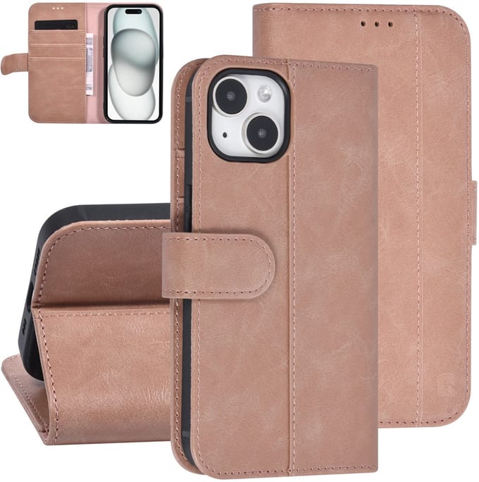 UNIQ Accessory Back Cover voor iPhone 15 - Rose Gold - Pasjeshouder voor 3 pasjes - Magneetsluiting