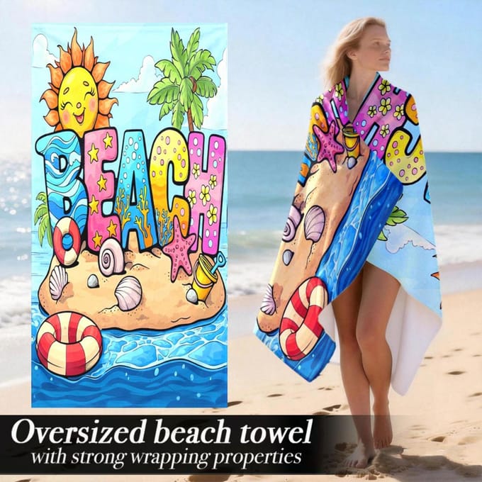 Fun Beach Scene  Oversized Towel – Lightweight & Plush, Vibrant Cartoon Design, Perfect for Camping & Gym Use W30*H60(CM)