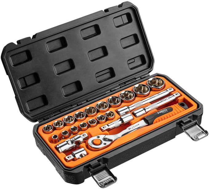 NEO - Dopsleutelset 1/2" - 23-delig - Chroom-Vanadiumstaal - Met Grijphandgreep