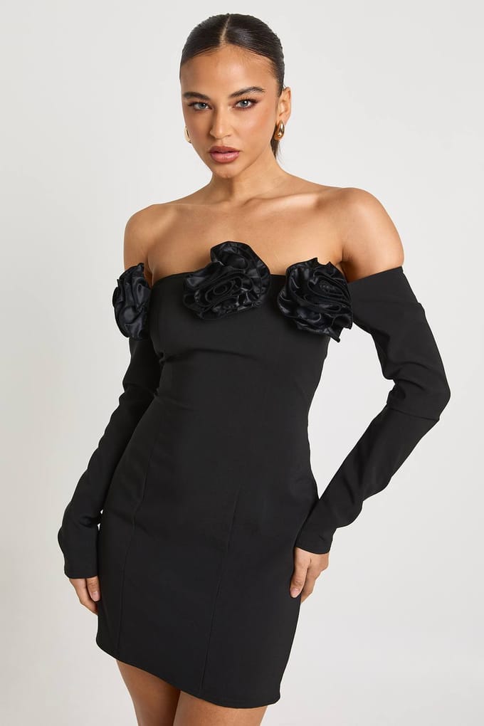 boohoo Dames Mini Jurk met rozendetail en lange mouwen | Zwart | Maat: 36