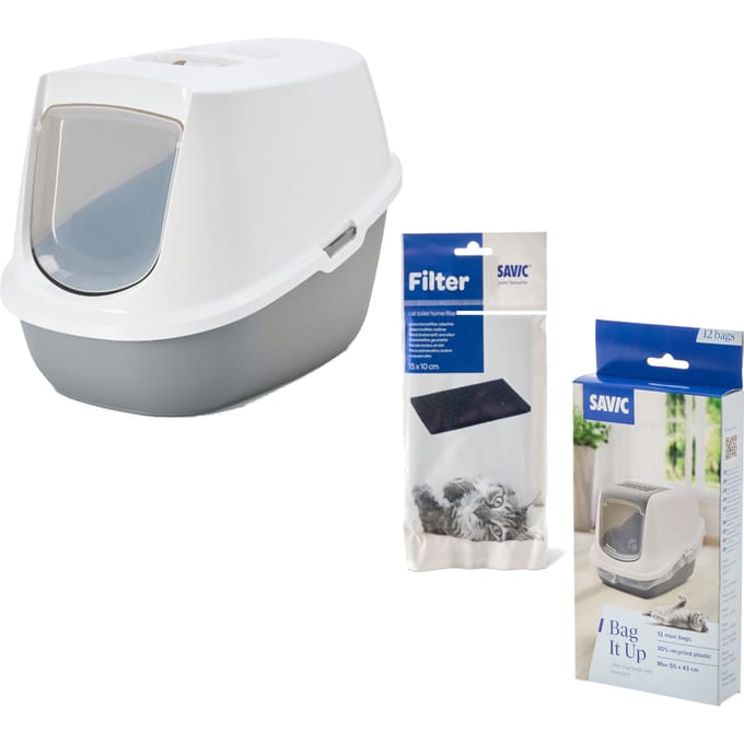 Savic kattenbak Robin - Startersset: Toilet grijs/wit + 2 filters + 12 Opbergen