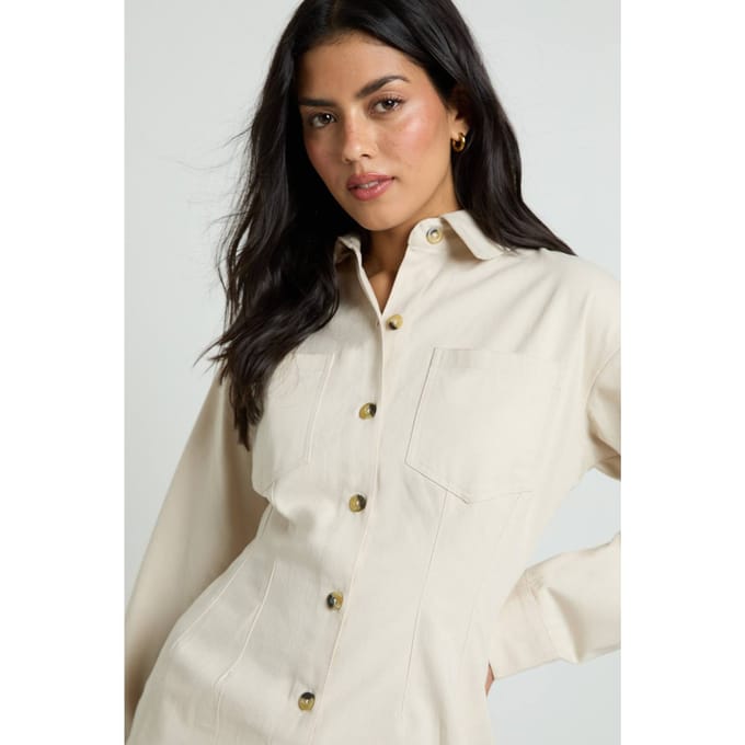 boohoo Dames Chambray Shirt Met Trekkoord | Ecru | Maat: 38